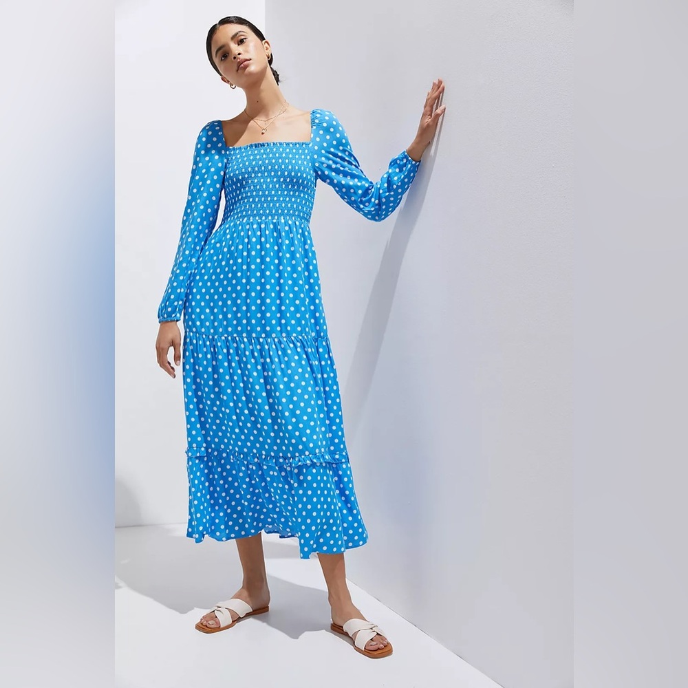 Dolan Left Coast Smocked Polka Dot Midi Dress